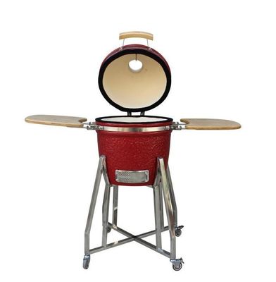 Kamado Fumatore in ceramica antracite da 15 pollici colore rosso 39 cm con carrello e tavolini