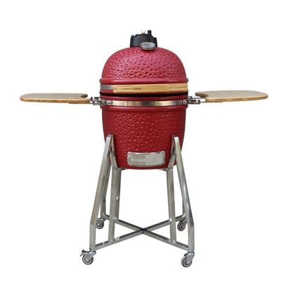 Griglia Kamado da 15 pollici in ceramica in acciaio inossidabile colore rosso 39 cm con carrello e tavolini